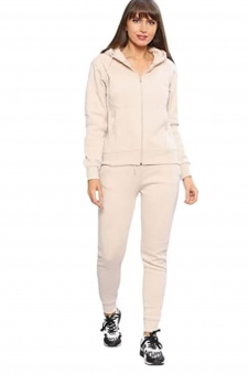 Women's Plain Tracksuit Hood Zip Top & Jogging Bottom Stone
